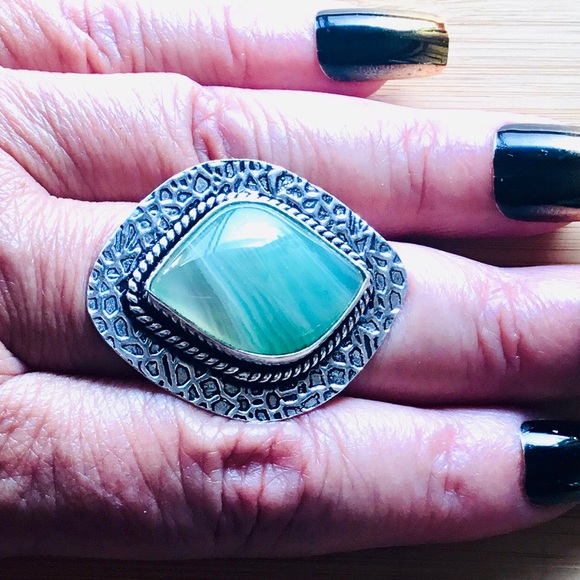 Teal Green Botswana Agate Blended Gemstone Ring Cats Eye Size 9.3/4 - Picture 7 of 7